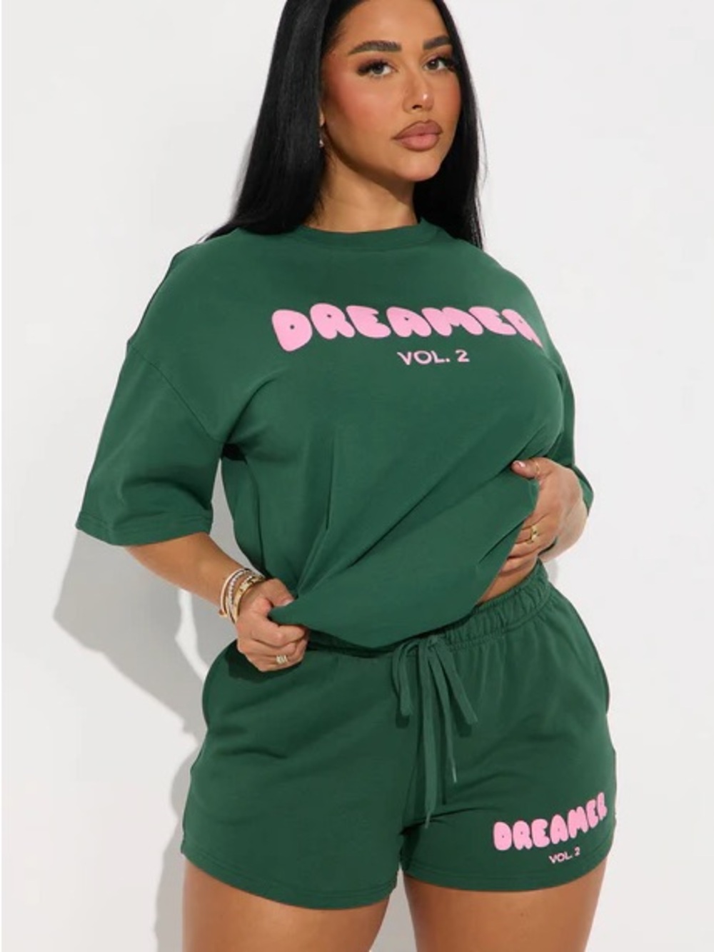 Fashion Nova Green Athletic Shorts with Pink Logo
